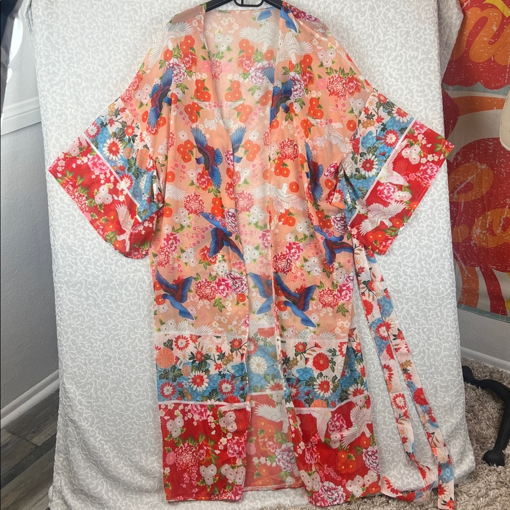 Floral pool swim kimono dress long sleeve sheer summer beach birds bloom print M